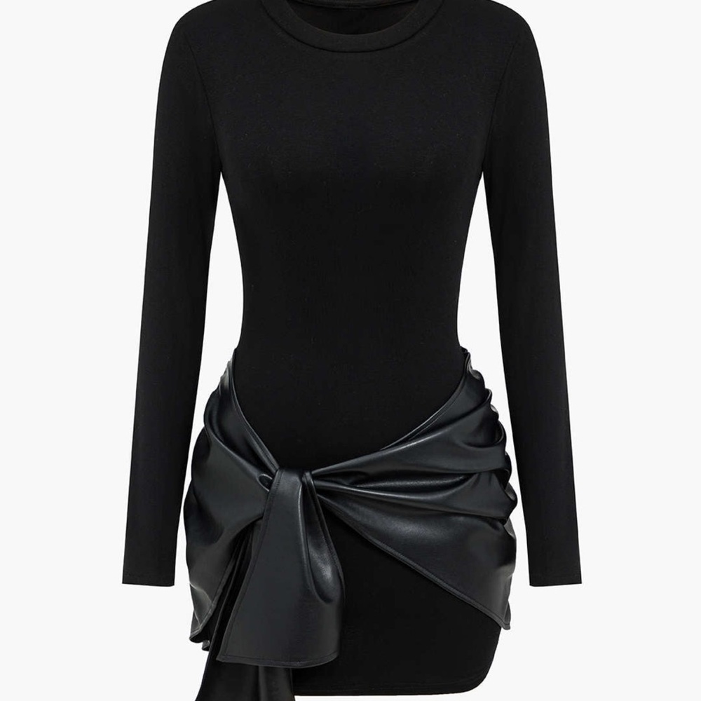 Chic Black Long Sleeve Dress with Leather Accent